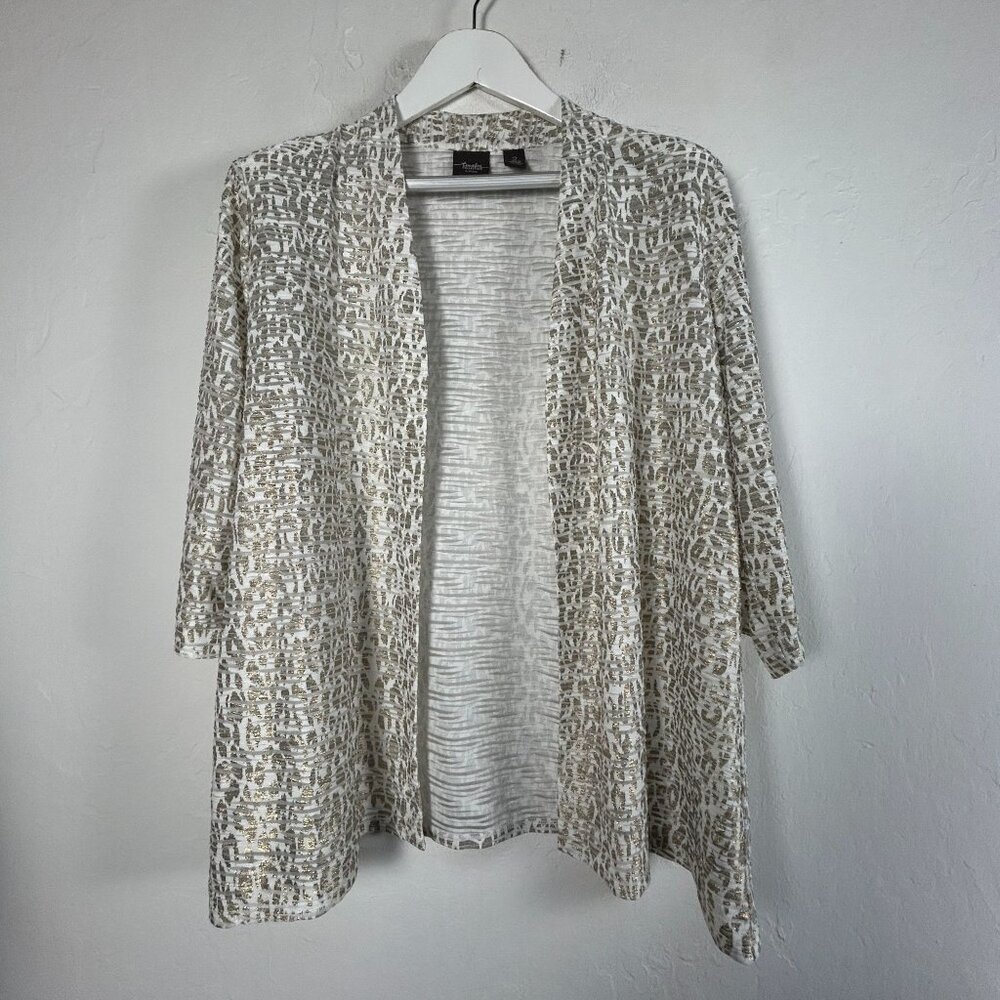 Chico's Travelers Womens Open Front Jacket Size 2 White Gold Animal Print Casual